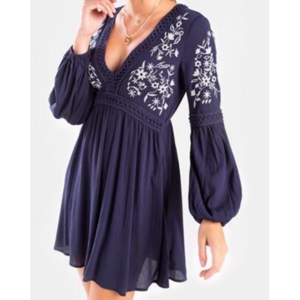 BLUE RAIN Womens‎ V-Neck Long Sleeve Boho Floral Navy Blue Mini Dress Large - Picture 3 of 13